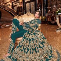 Teal Heavy Net Gold Embroidery Slit Anarkali Seated