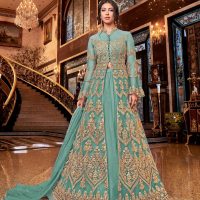 Turquoise Heavy Net Gold Embroidery Slit Anarkali Gown