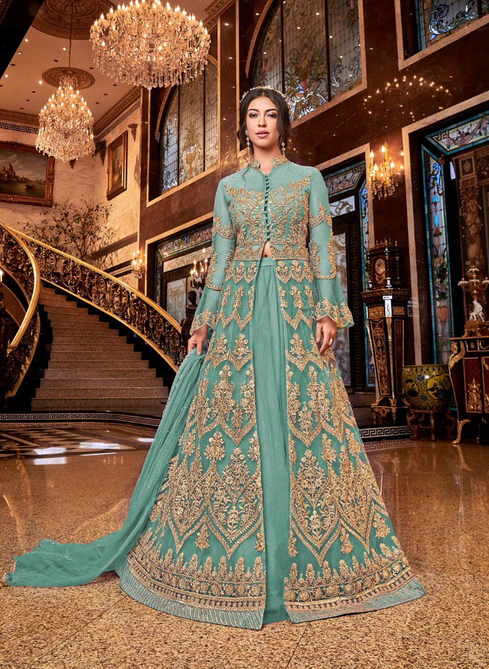 Turquoise Heavy Net Gold Embroidery Slit Anarkali Gown
