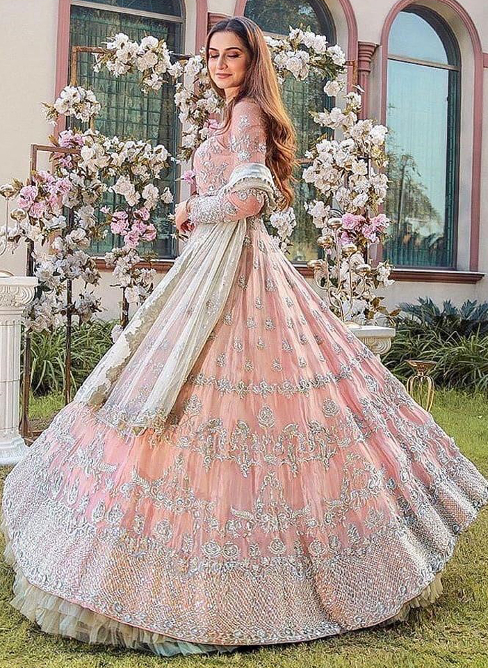 Butterfly Heavy Net Princess Cut Pink Anarkali Gown