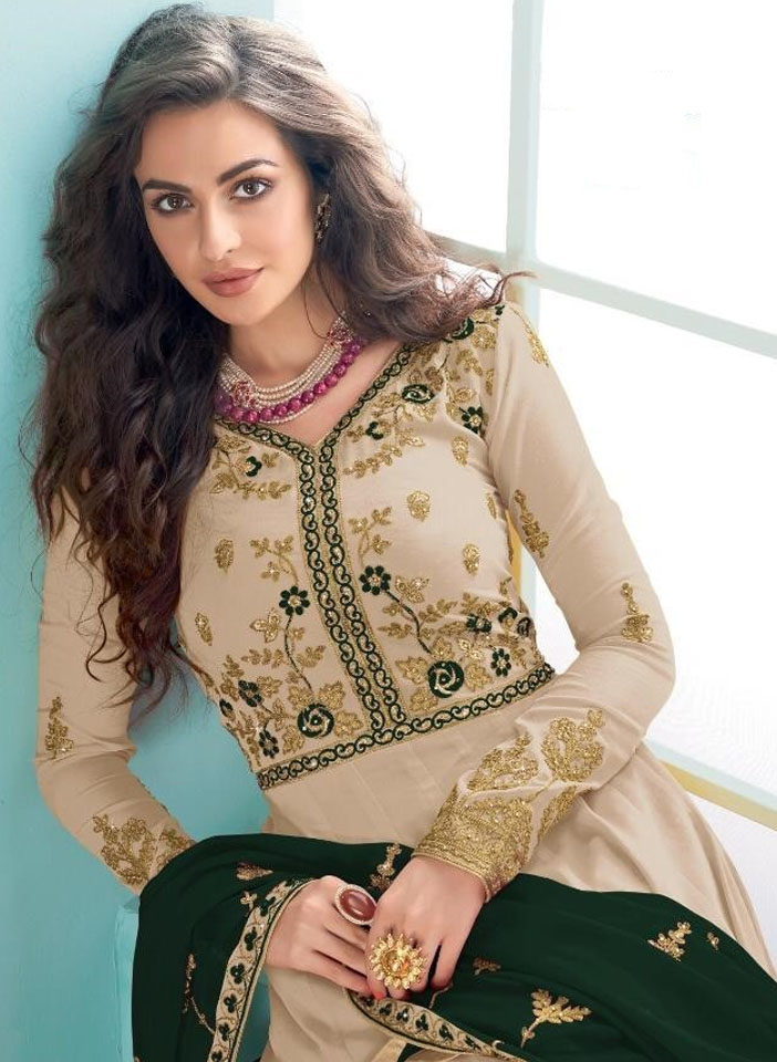 Cream and Green Contrast Heavy Georgette with Gold Zari Embroidery Anarkali Seated