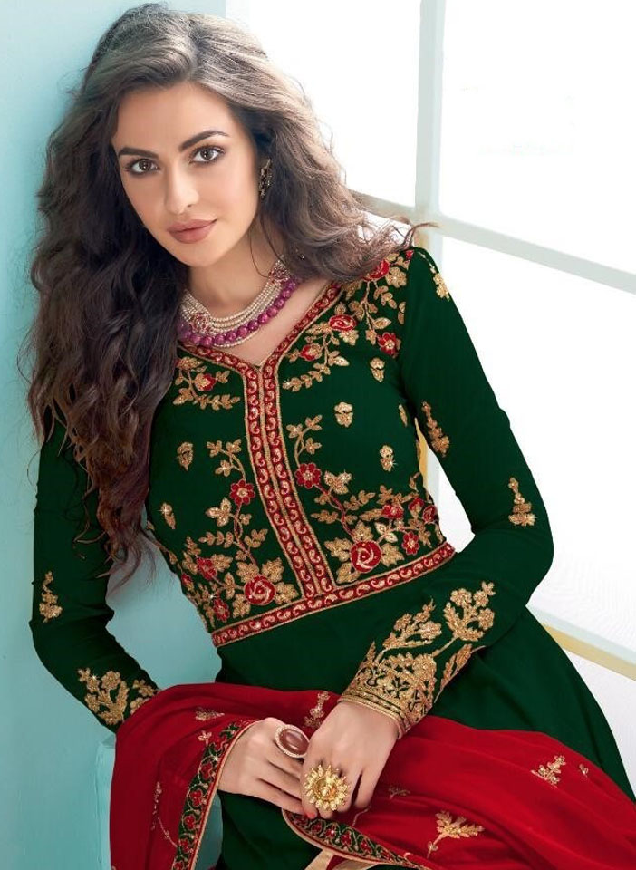 Dark Green and Red Contrast Heavy Georgette with Gold Zari Embroidery Anarkali Seated