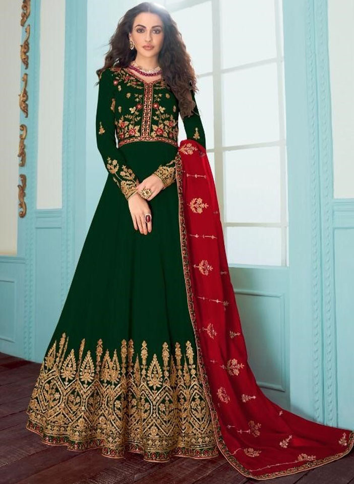 Dark Green and Red Contrast Heavy Georgette with Gold Zari Embroidery Anarkali