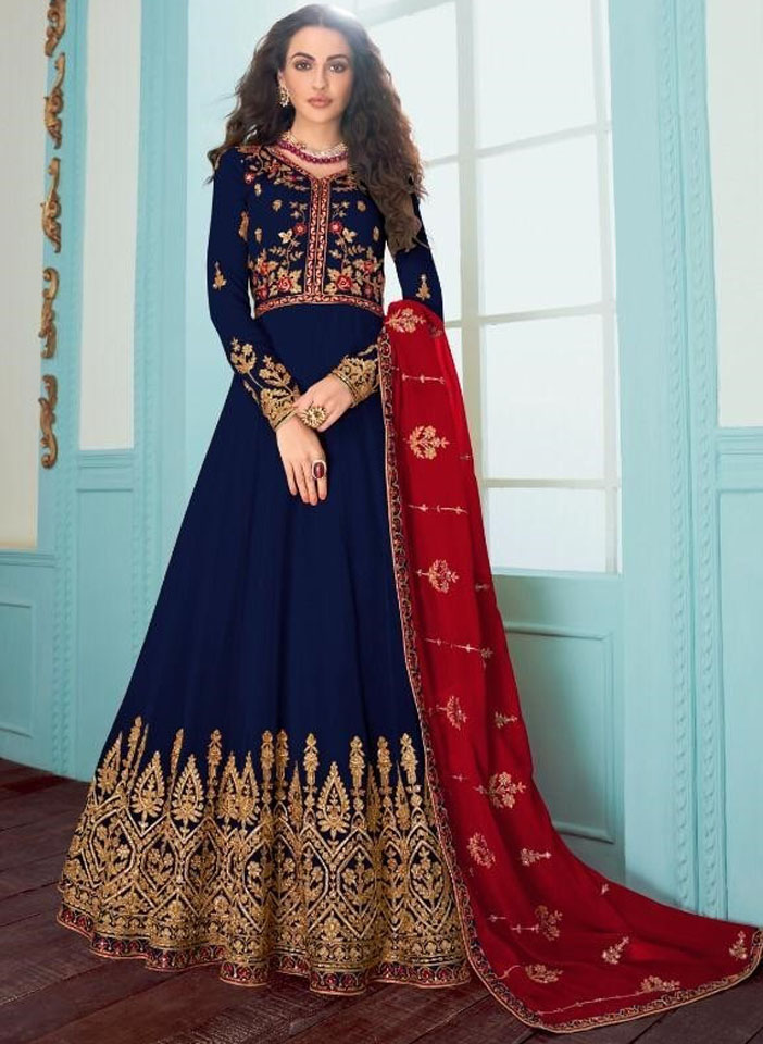 Navy Blue and Red Contrast Heavy Georgette with Gold Zari Embroidery Anarkali