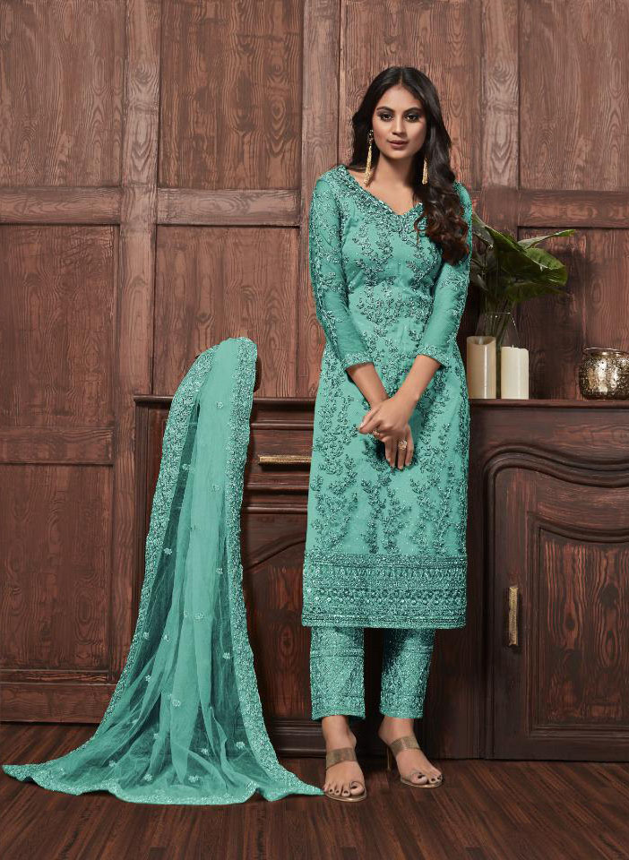 TURQUOISE Heavy Net_w Coded Gold Glitter Embroidery Trouser Suit TJ