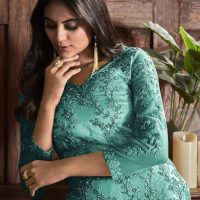 TURQUOISE Heavy Net_w Coded Gold Glitter Embroidery Trouser Suit TJ_Close up