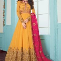 Yellow and Pink Contrast Heavy Georgette with Gold Zari Embroidery Anarkali