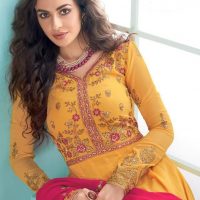 ellow and Pink Contrast Heavy Georgette with Gold Zari Embroidery Anarkali Seated