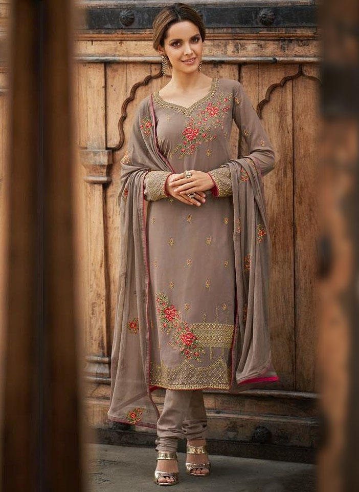 Biscuit brown with Pink floral embroidery suit_standing