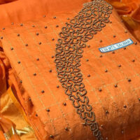 Burnt Orange Modal Silk Check Antique Gold Embroidery Fabric