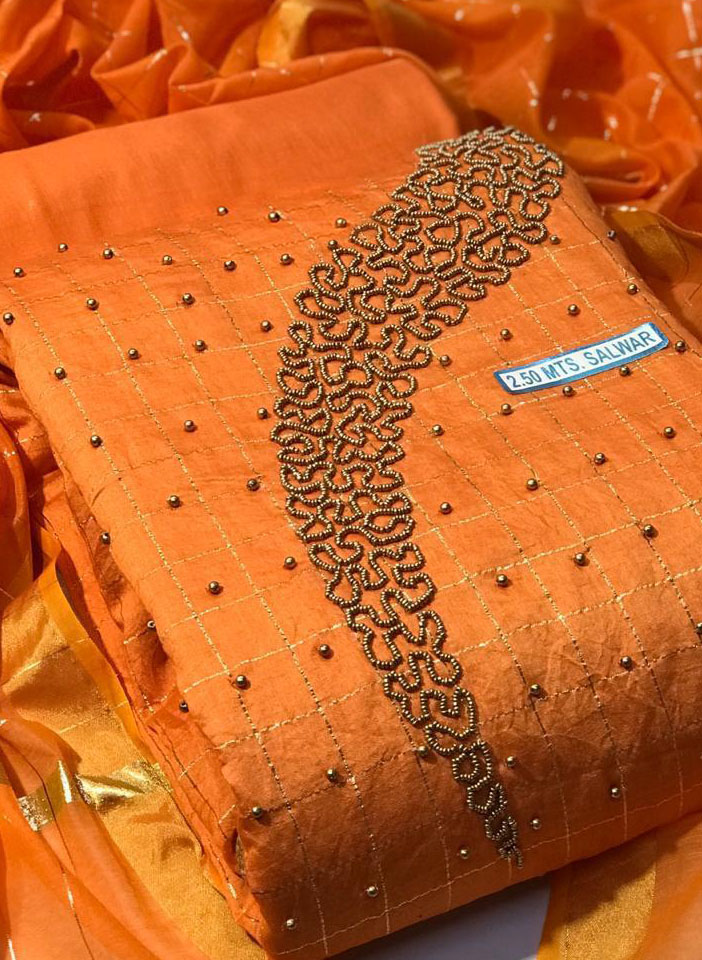 Burnt Orange Modal Silk Check Antique Gold Embroidery Fabric