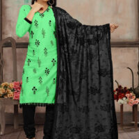 Cotton Churidar Suit with Black Floral Embroidery and Black Dupatta