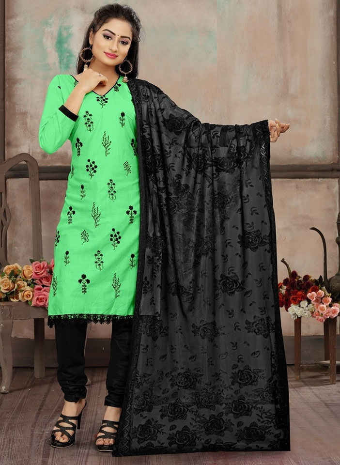 Cotton Churidar Suit with Black Floral Embroidery and Black Dupatta