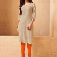 Cream and Orange Rayon Buttoned Churidar Suit