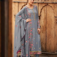 Grey and Pink Floral Embroidery Churidar Suit