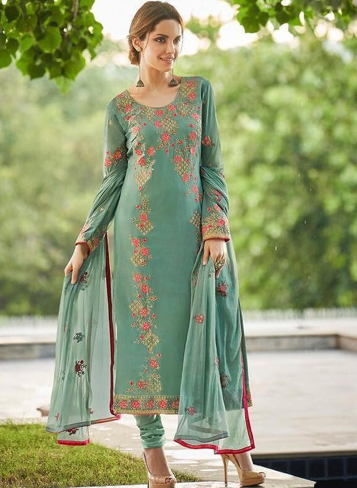 Mint Green with Pink Floral Embroidery Churidar Suit