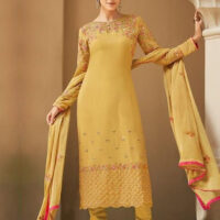 Mustard Yellow with Pink Floral Embroidery Suit
