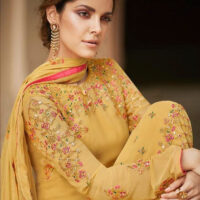 Mustard Yellow with Pink Floral Embroidery Suit Close Up