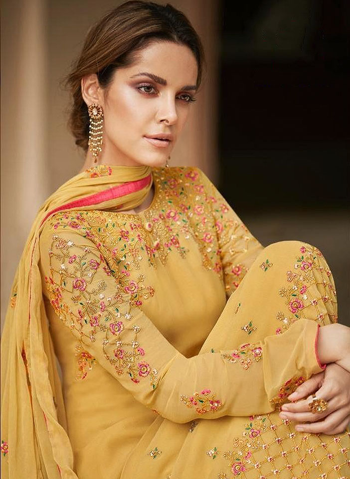 Mustard Yellow with Pink Floral Embroidery Suit Close Up