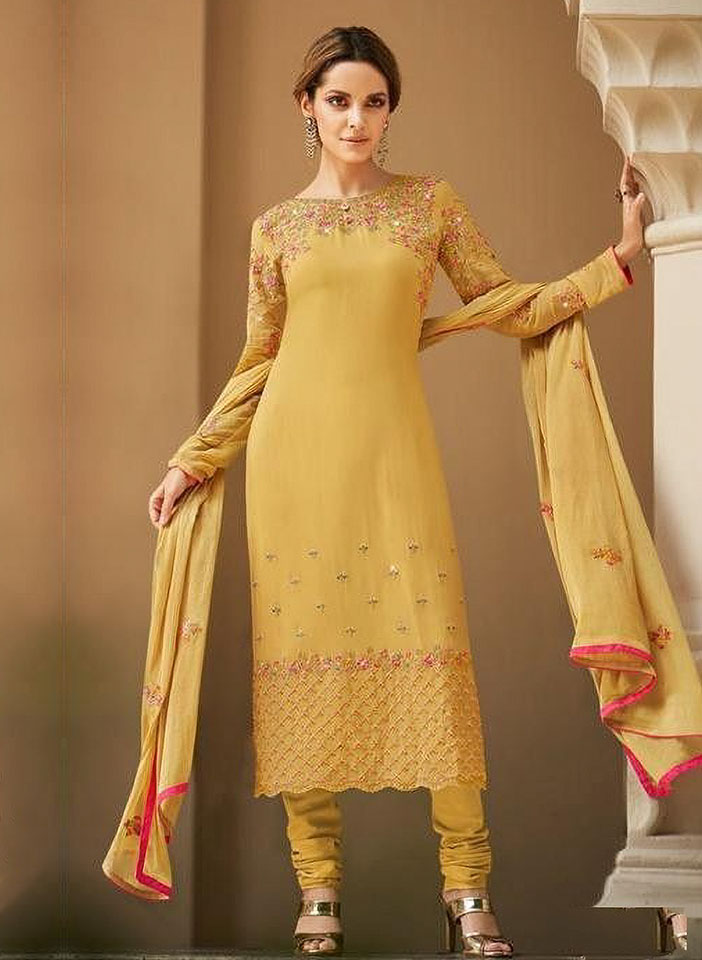 Mustard Yellow with Pink Floral Embroidery Suit