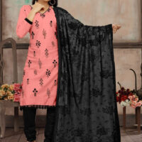 Peach Cotton Churidar Suit with Black Floral Embroidery and Black Dupatta