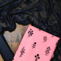 each Cotton Churidar Suit with Black Floral Embroidery and Black Dupatta Farbic Fold