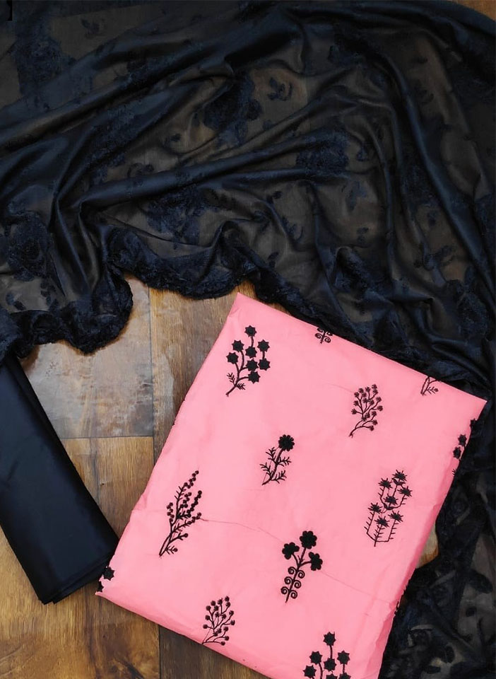 each Cotton Churidar Suit with Black Floral Embroidery and Black Dupatta Farbic Fold