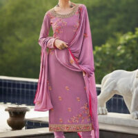 Purple and PinkFloral Embroidery Churidar Suit