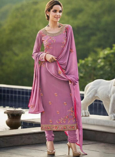 Purple and PinkFloral Embroidery Churidar Suit