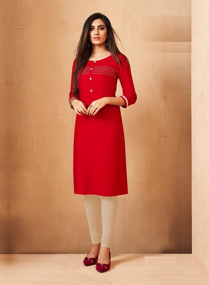 Red and Cream Rayon Buttoned Churidar Suit