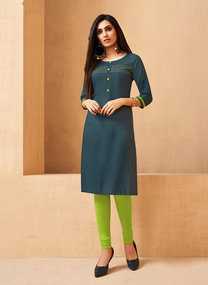Teal and Green Rayon Buttoned Churidar Suit