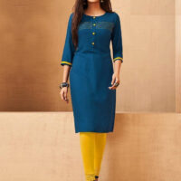 Teal and Yellow Rayon Buttoned Churidar Suit
