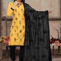 Yellow Cotton Churidar Suit with Black Floral Embroidery and Black Dupatta