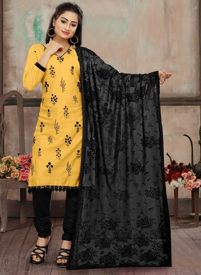 Yellow Cotton Churidar Suit with Black Floral Embroidery and Black Dupatta