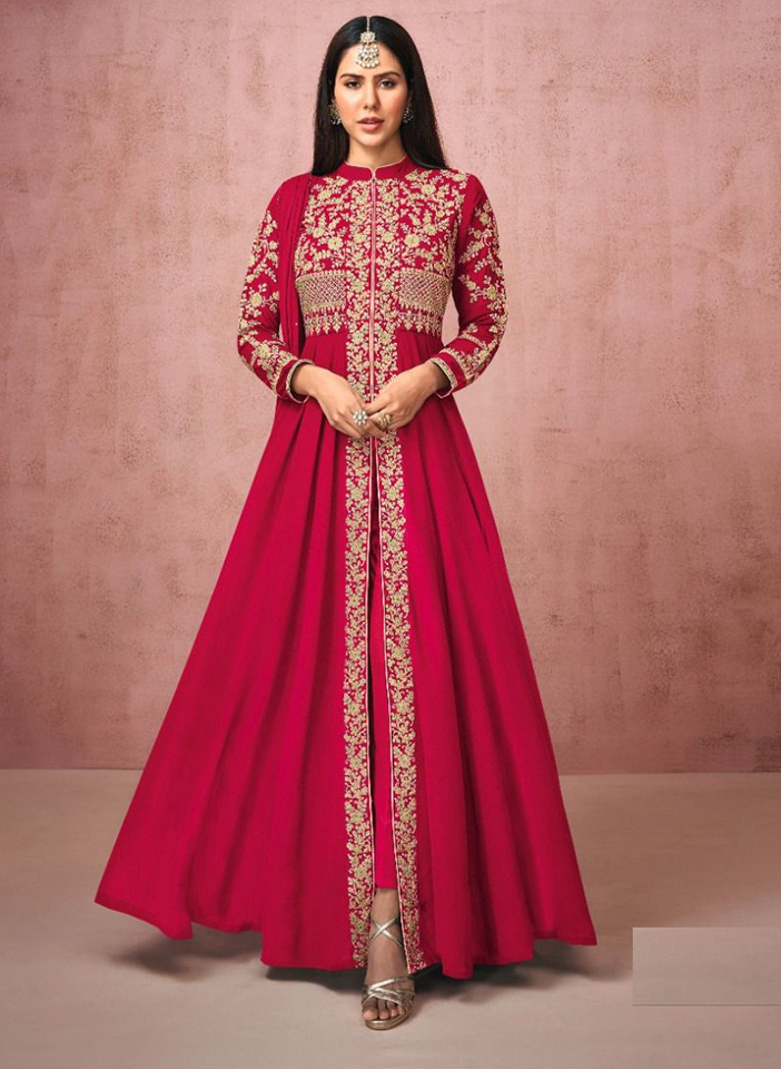 Cerise Pink Georgette Gold Zari Embroidery Gown with Slit