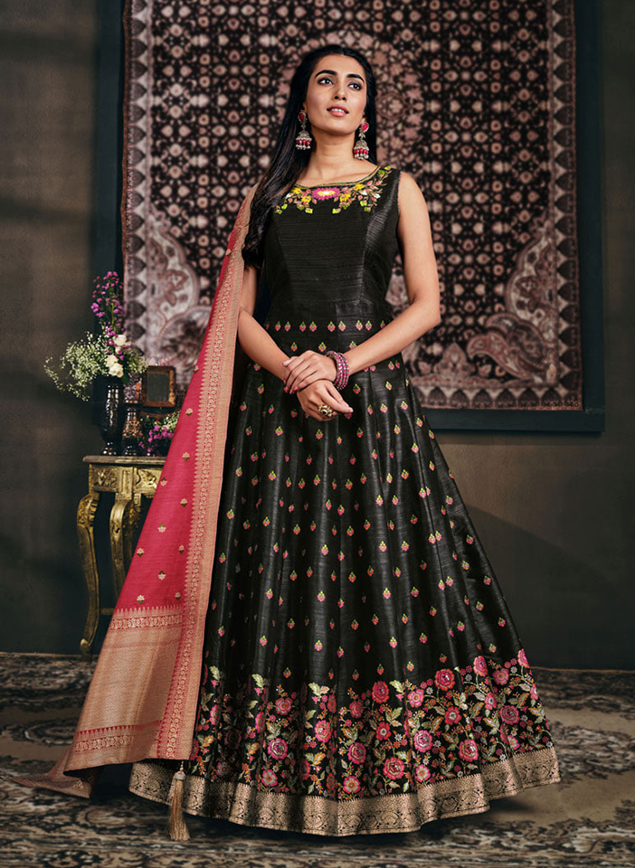 Black Tussar Silk Jacquard Threadwork Embroidery with Pink Floral Detailed Border Anarkali