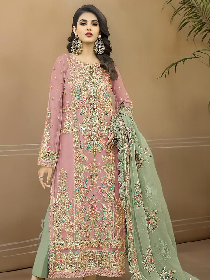 Dusky Pink Organza Multi-Colored Thread Embroidered with Green Net Dupatta Suit - UNSTITCHED