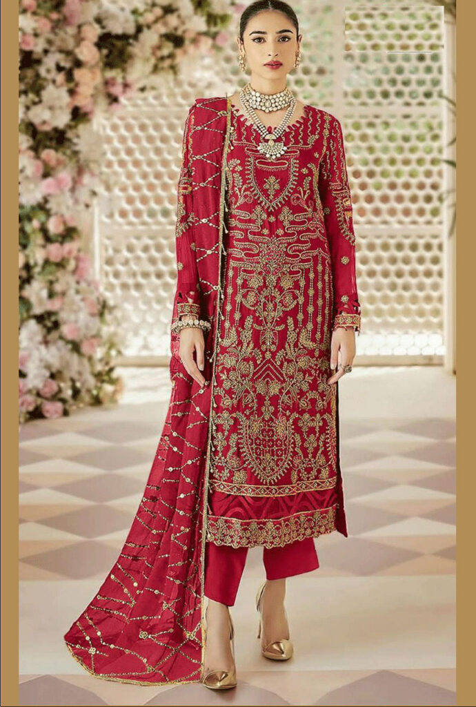 Red-Fox-Heavy-Georgette-with-Gold-Zari-Embroidered-Trouser-Suit