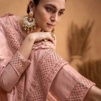 Sitting Dusky Pink Premium Silk Embroidered with Sequins Work Salwar Kameez Suit Close Up RK 100120
