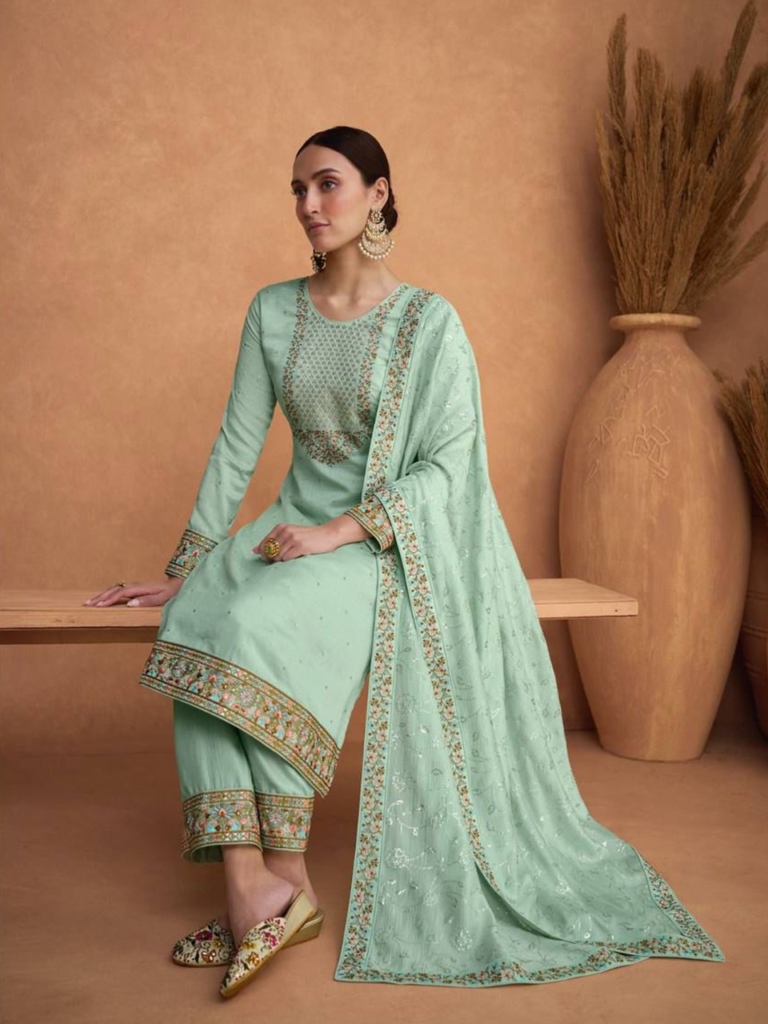 Sitting Mint Green Premium Silk Embroidered with Sequins Work Salwar Kameez Suit RK100120 sitting pose