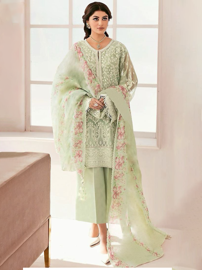 Standing Apple Green Organza Embroidered Lace Work Palazzo Suit RK 100115