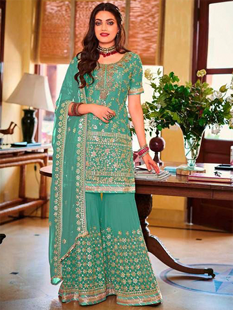 Standing Aqua Green Heavy Faux Georgette Gold Embroidery and 5mm Sequins Work Sharara RK100121_