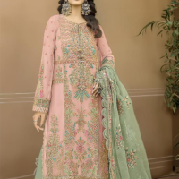 Standing Baby Pink Organza Multi-coloured Thread Embroidered with Net Dupatta Suit - UNSTITCHED
