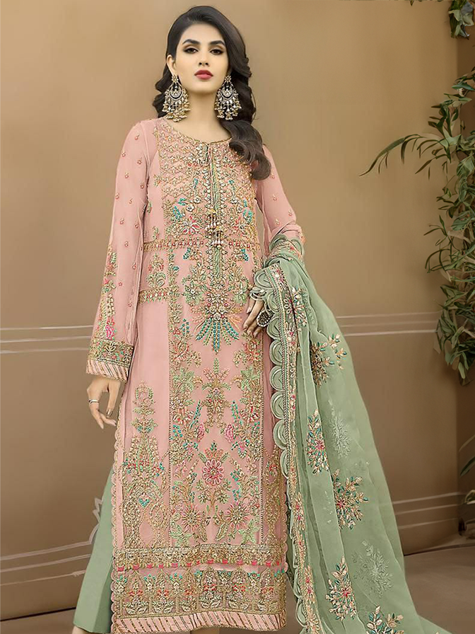 Standing Baby Pink Organza Multi-coloured Thread Embroidered with Net Dupatta Suit - UNSTITCHED