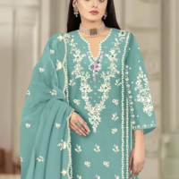 Standing Close up Mint Green Heavy Fox Georgette Thread Embroidered Trouser Suit RK100117_