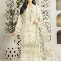 Standing Cream Organza Floral Thread Embroidered with Digital Printed Dupatta Suit - Unstitched RK