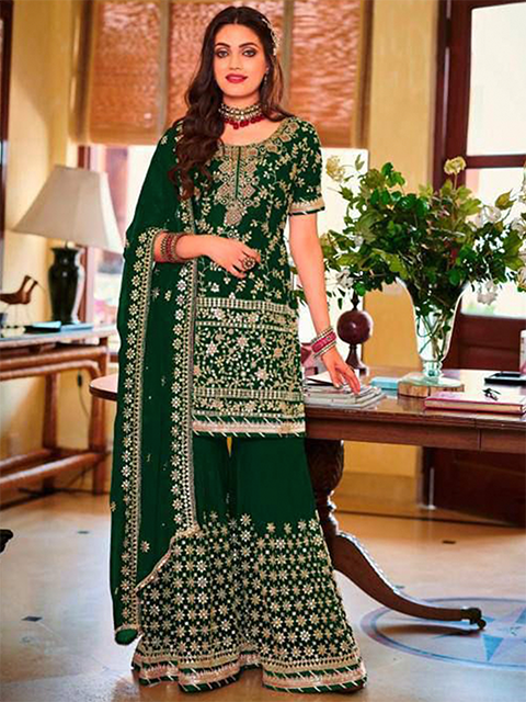 Standing Dark Green Heavy Faux Georgette Gold Embroidery and 5mm Sequins Work Sharara RK100121 two images_