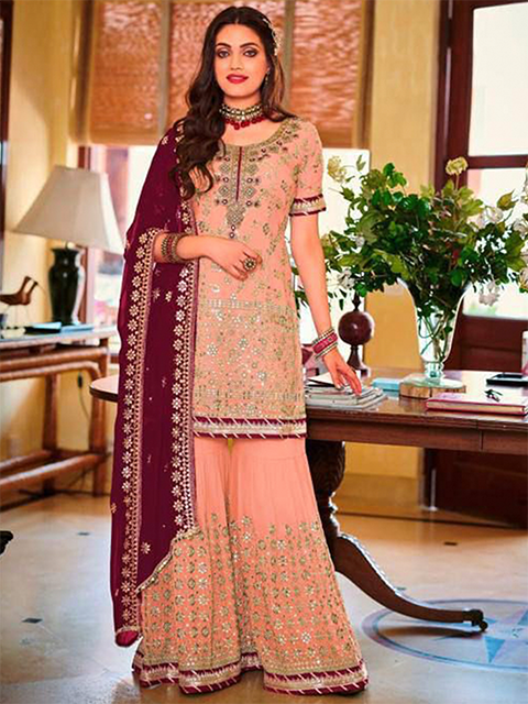 Standing Dark Peach Heavy Faux Georgette Gold Embroidery and 5mm Sequins Work Sharara with Contrast Dupatta RK100121 two images