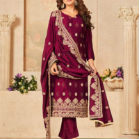 Standing Deep Wine Red Blooming Vichitra Zari Gold Embroidered with Swarovski Diamond UNSTITCHED Suit