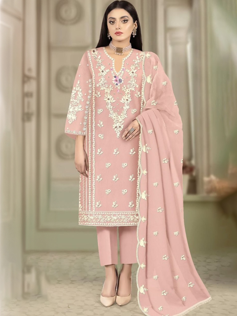 Standing Dusky Pink Heavy Fox Georgette Thread Embroidered Trouser Suit RK100117
